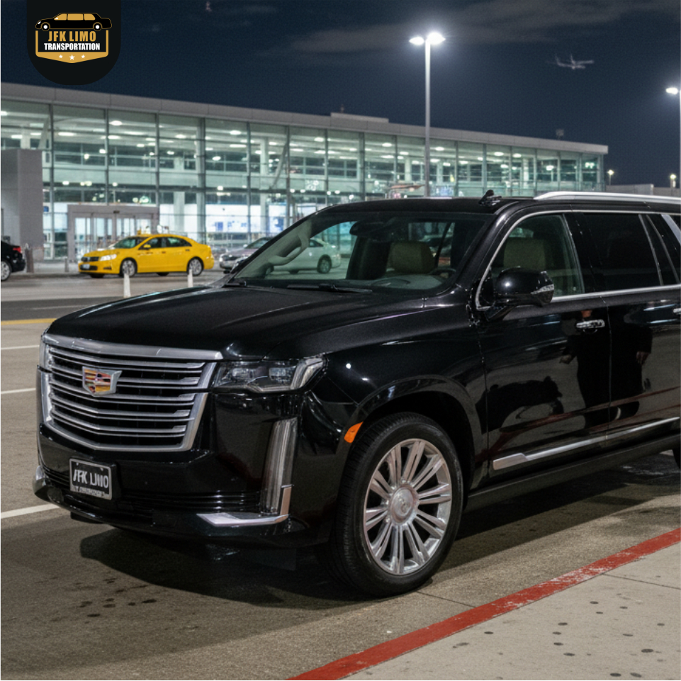 Black Cadillac Escalade limo at JFK Airport at night for luxury airport transportation