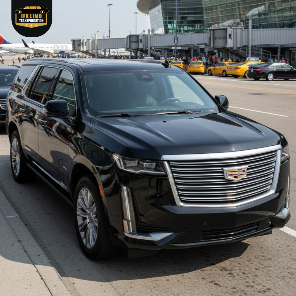 Black Cadillac Escalade limo at JFK Airport terminal for luxury airport transportation service